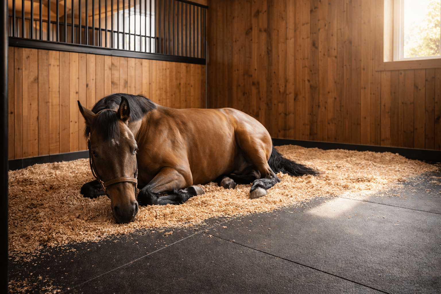 Horse resting in a cozy stable.