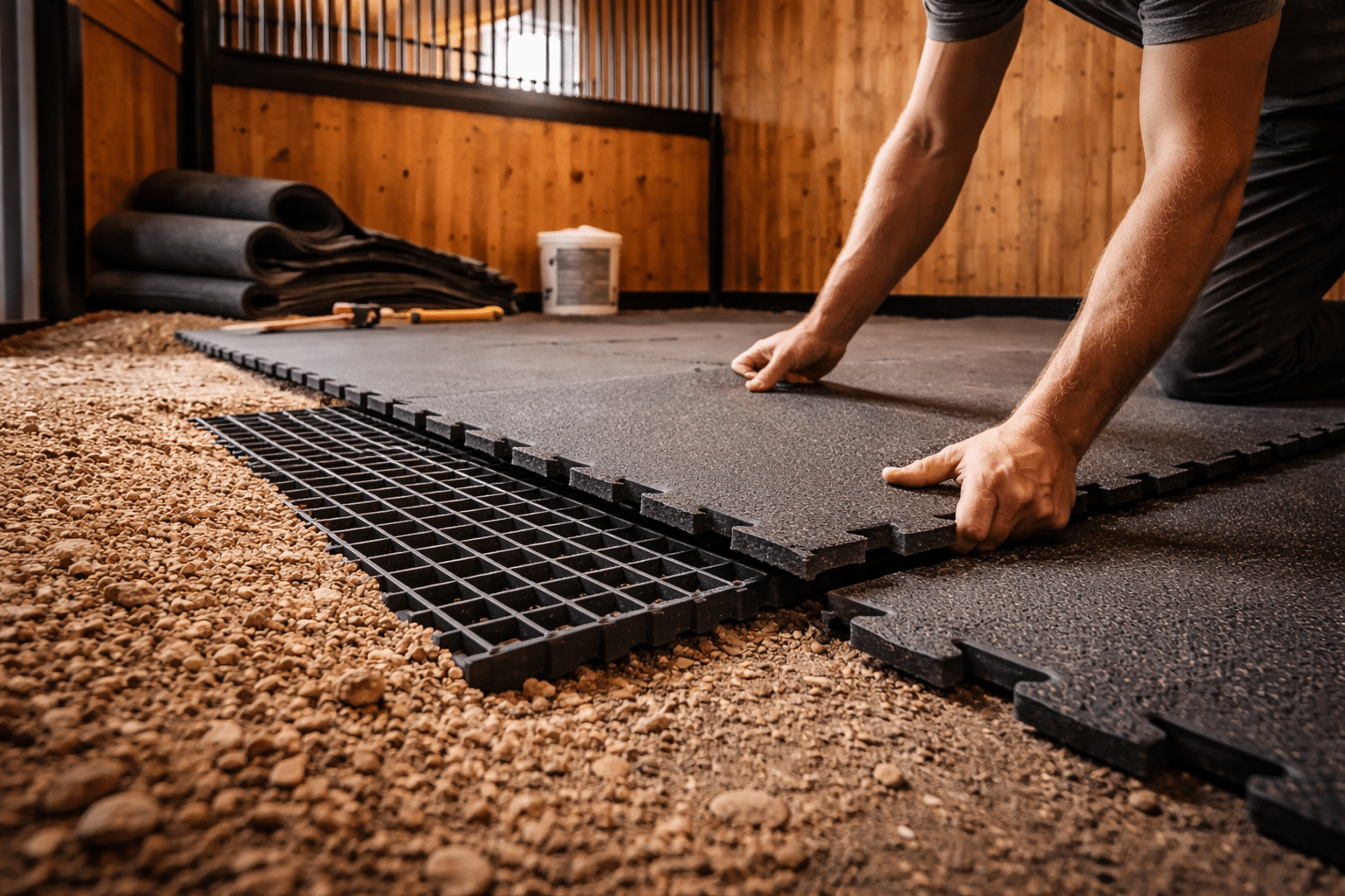 Laying rubber flooring in horse barn