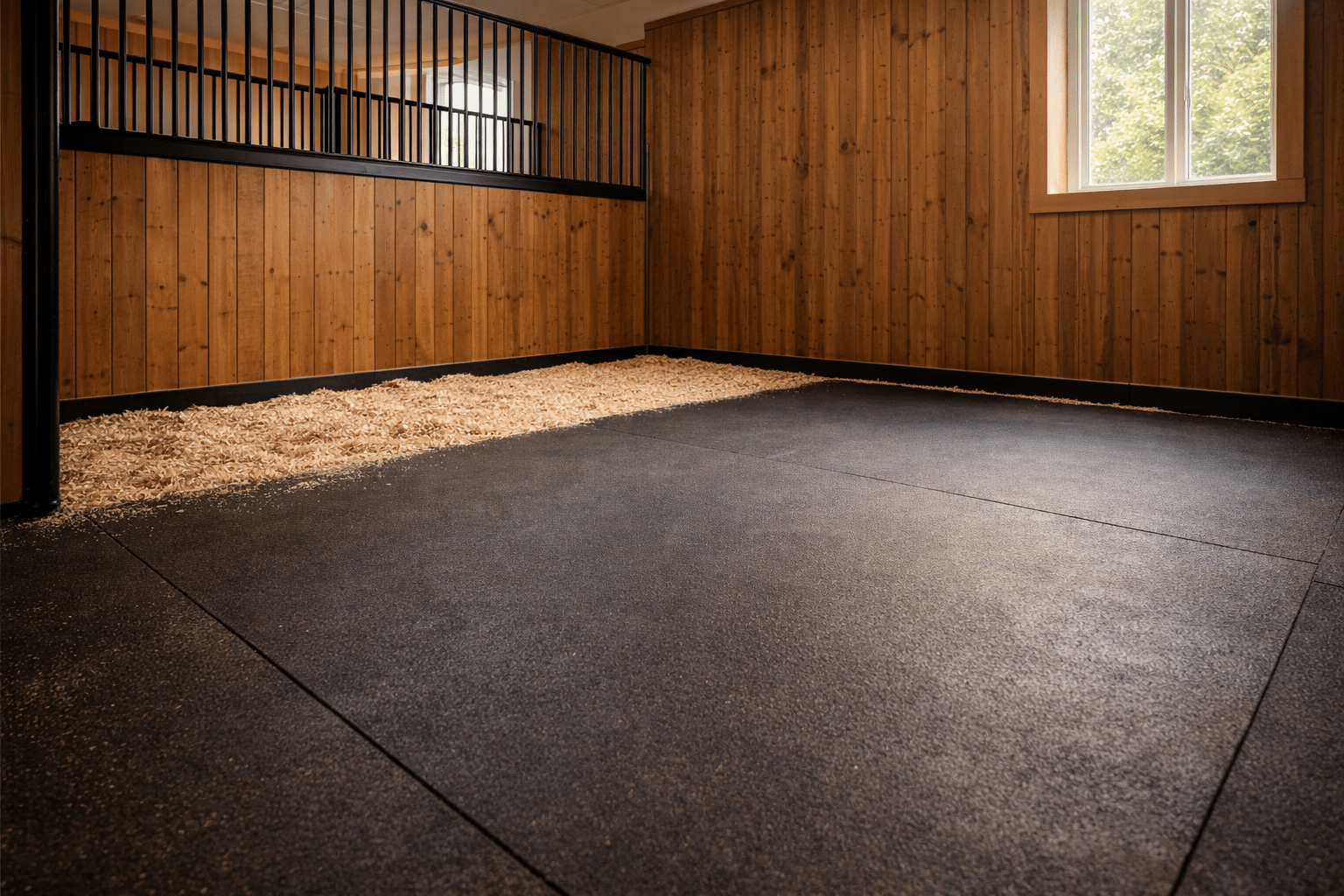Modern horse barn with rubber flooring